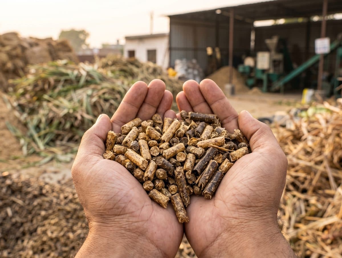 Freshly pressed biomass pellets held in hand at our production facility